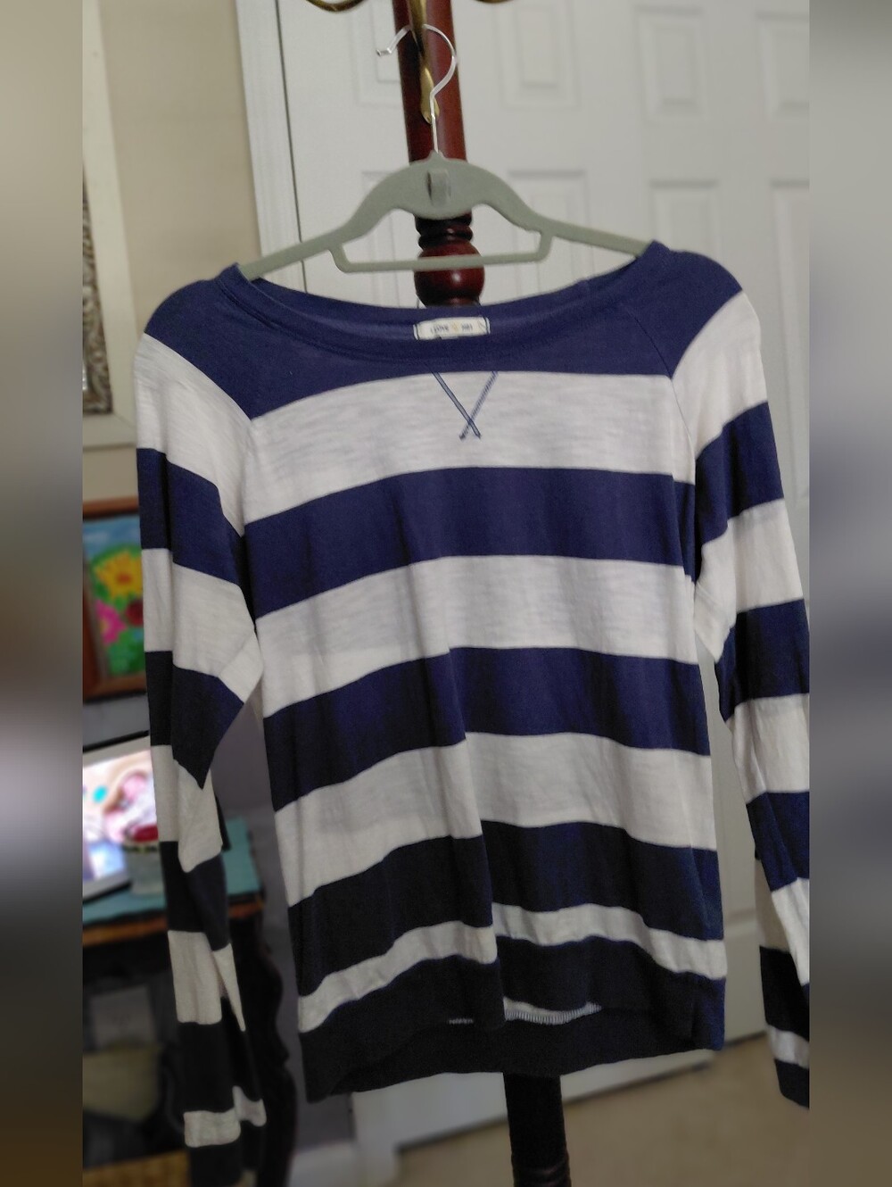 Hollister Navy and White Tee with Gold Heart Detail